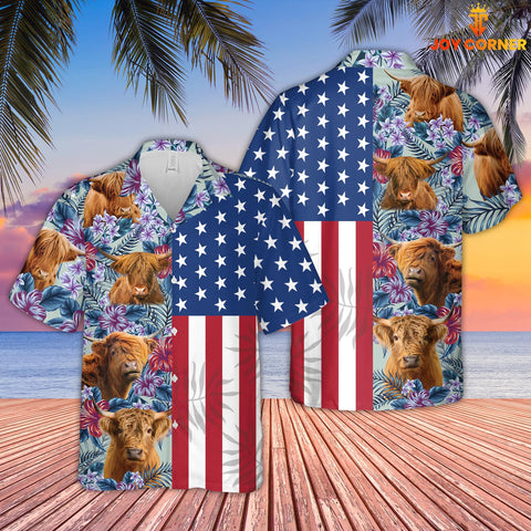 Joy Corners Highland Cattle Flower Pattern US Flag 3D Hawaiian Shirt