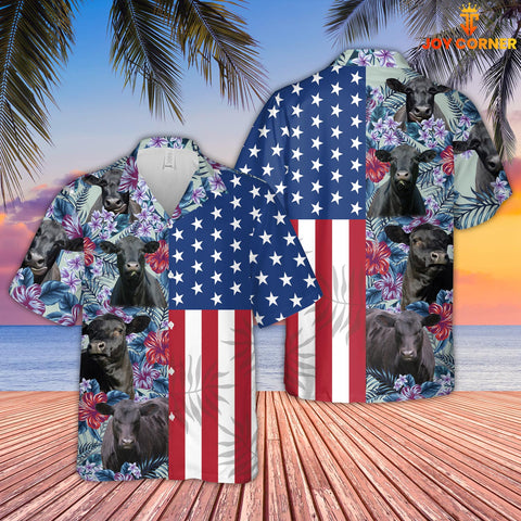 Joy Corners Black Angus Flower Pattern US Flag 3D Hawaiian Shirt