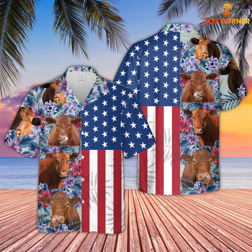 Joy Corners Red Angus Flower Pattern US Flag 3D Hawaiian Shirt