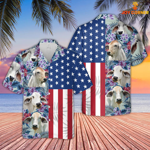 Joy Corners Brahman Cattle Flower Pattern US Flag 3D Hawaiian Shirt