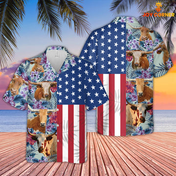 Joy Corners Texas Longhorn Flower Pattern US Flag 3D Hawaiian Shirt