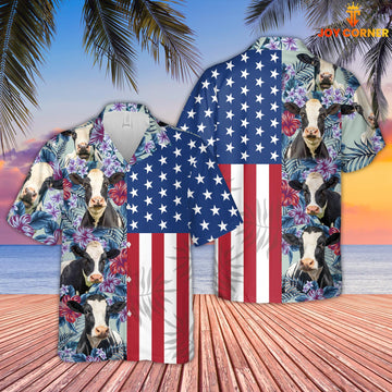 Joy Corners Holstein Cattle Flower Pattern US Flag 3D Hawaiian Shirt