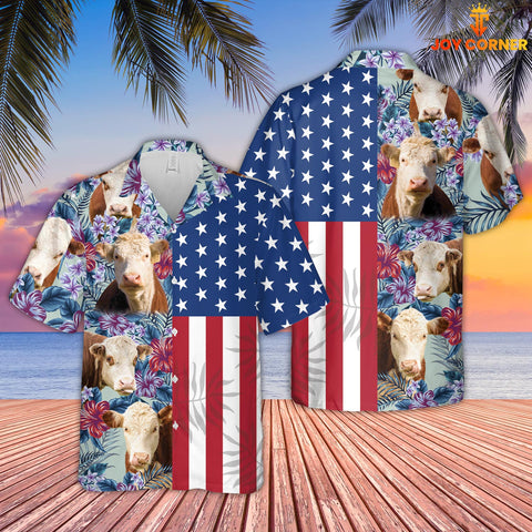 Joy Corners Hereford Cattle Flower Pattern US Flag 3D Hawaiian Shirt