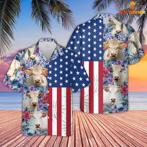Joy Corners Charolais Cattle Flower Pattern US Flag 3D Hawaiian Shirt