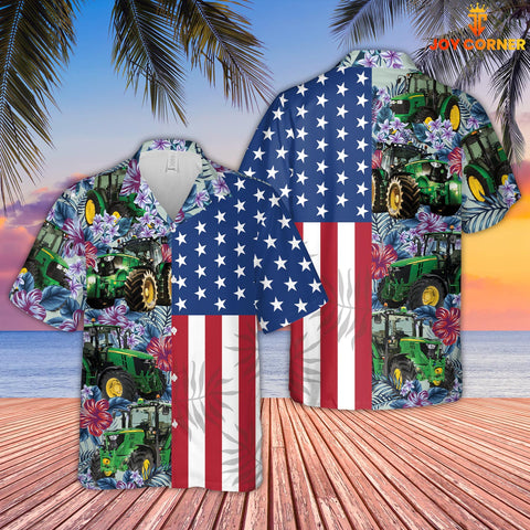 Joy Corners Tractor Flower Pattern US Flag 3D Hawaiian Shirt