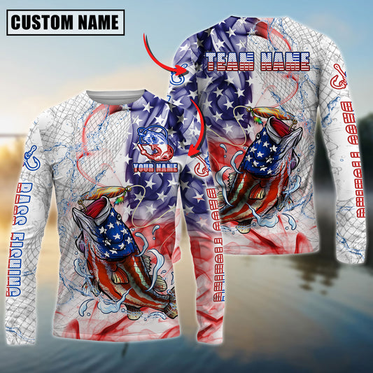Joycorners Personalized Text Bass Fishing US Flag Pattern 3D Long Sleeve Shirt