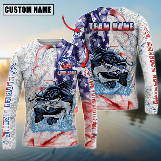 Joycorners Personalized Text Catfish Fishing US Flag Pattern 3D Long Sleeve Shirt