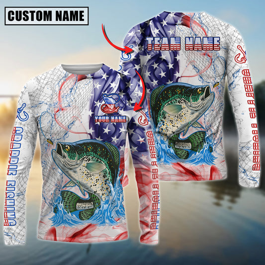 Joycorners Personalized Text Crappie Fishing US Flag Pattern 3D Long Sleeve Shirt