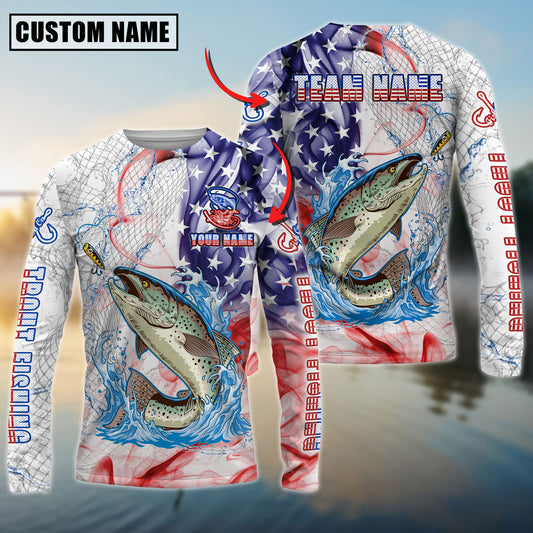 Joycorners Personalized Text Trout Fishing US Flag Pattern 3D Long Sleeve Shirt