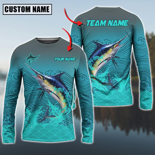 Joycorners Marlin Fishing Personalized Name And Team Name 3D Long Sleeve Shirt