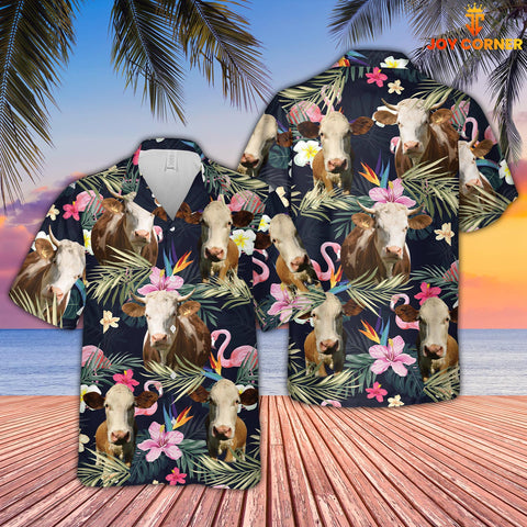Joy Corners Simmental And Flamingo Flower Pattern 3D Hawaiian Shirt