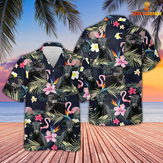 Joy Corners Black Angus And Flamingo Flower Pattern 3D Hawaiian Shirt