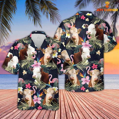 Joy Corners Hereford And Flamingo Flower Pattern 3D Hawaiian Shirt