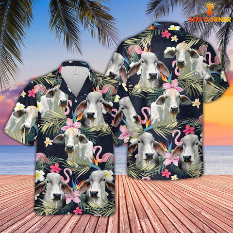 Joy Corners Brahman Cattle And Flamingo Flower Pattern 3D Hawaiian Shirt