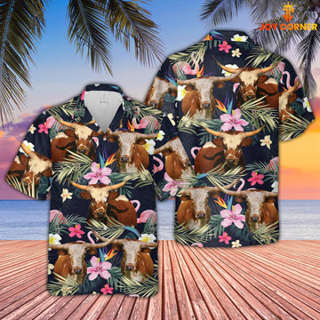 Joy Corners Texas Longhorn And Flamingo Flower Pattern 3D Hawaiian Shirt