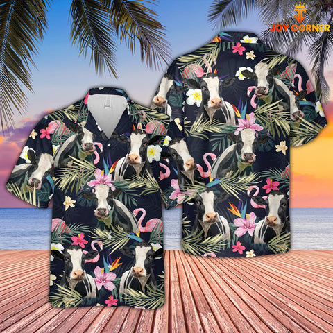 Joy Corners Holstein And Flamingo Flower Pattern 3D Hawaiian Shirt