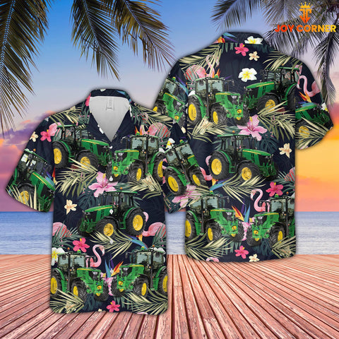 Joy Corners Tractor And Flamingo Flower Pattern 3D Hawaiian Shirt