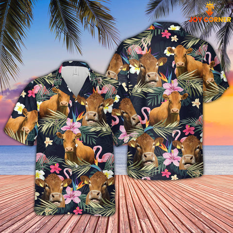 Joy Corners Limousin And Flamingo Flower Pattern 3D Hawaiian Shirt