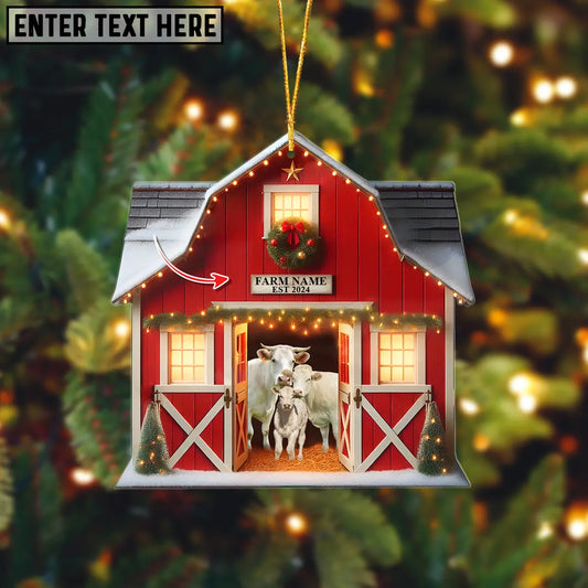 Joycorners Happy Farm Charolais Christmas Gift Red Barn Custom Shape Acrylic Ornament