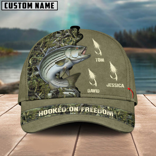 Joycornerss Striped Bass Fishing Hooked On Freedom Personalized Name Blue 3D Classic Cap
