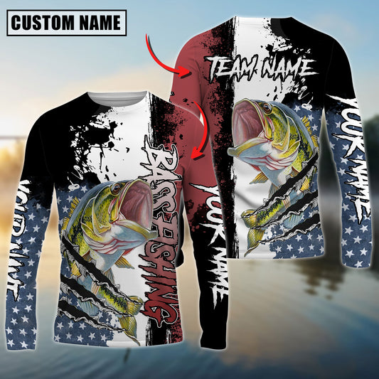 Joycorners Personalized Text Bass Fishing US Flag 3D Long Sleeve Shirt