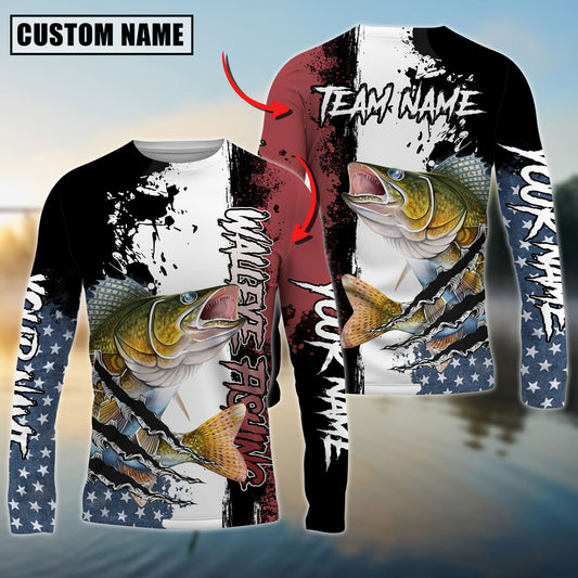 Joycorners Personalized Text Walleye Fishing US Flag 3D Long Sleeve Shirt