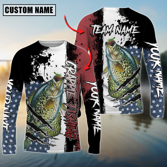 Joycorners Personalized Text Crappie Fishing US Flag 3D Long Sleeve Shirt