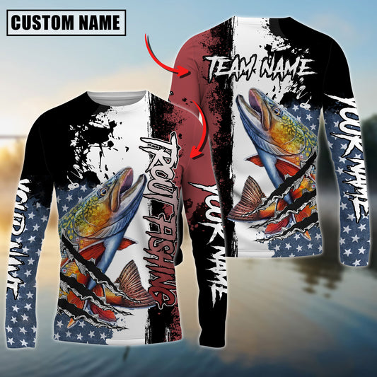 Joycorners Personalized Text Trout Fishing US Flag 3D Long Sleeve Shirt