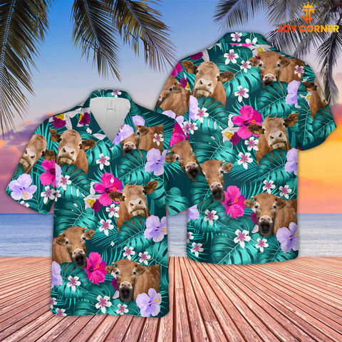 Joy Corners Gelbvieh Cattle Tropical Style 3D Hawaiian Shirt