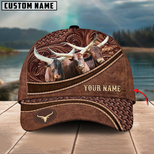 Joycorners Watusi Cattle Personalized Name Brown Carving Leather Pattern 3D Classic Cap