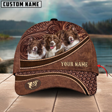 Joycorners Brown Border Collie Personalized Name Brown Carving Leather Pattern 3D Classic Cap