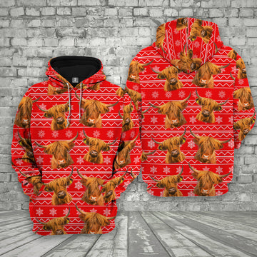 Joycorners Farm Highland Cattle Christmas Pattern 3D Printed Hoodie