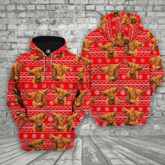 Joycorners Farm Highland Cattle Christmas Pattern 3D Printed Hoodie