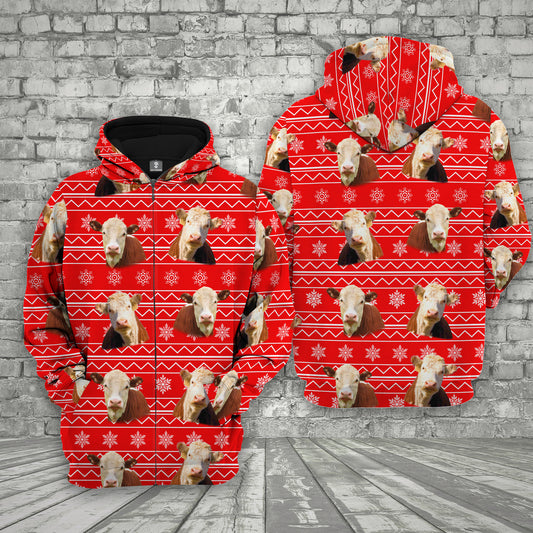 Joycorners Farm Hereford Cattle Christmas Pattern 3D Printed Hoodie