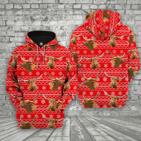 Joycorners Farm Texas Longhorn Christmas Pattern 3D Printed Hoodie