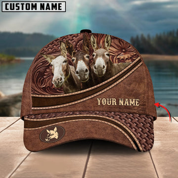 Joycorners Donkey Personalized Name Brown Carving Leather Pattern 3D Classic Cap