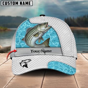 Joycorners Custom Name Striped Fishing White Blue Water 3D Classic Cap