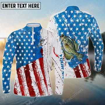 Joycornerss Personalized Name Crappie Fishing US Flag Long Sleeve Quarter Zip Jersey Shirt