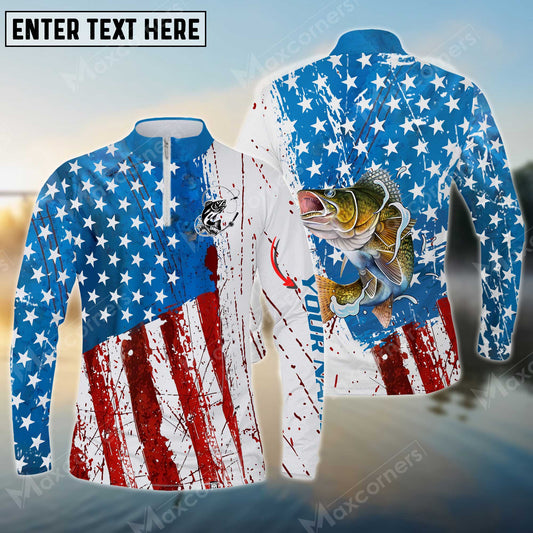 Joycornerss Personalized Name Walleye Fishing US Flag Long Sleeve Quarter Zip Jersey Shirt