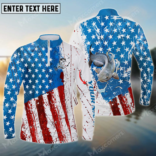 Joycornerss Personalized Name Catfish Fishing US Flag Long Sleeve Quarter Zip Jersey Shirt