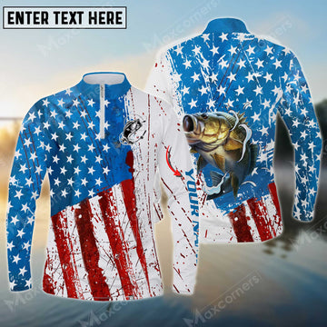 Joycornerss Personalized Name Bass Fishing US Flag Long Sleeve Quarter Zip Jersey Shirt