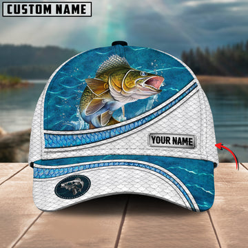 Joycornerss Custom Name Walleye Fishing Blue Water Pattern 3D Classic Cap