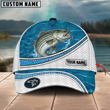 Joycornerss Custom Name Striped Bass Fishing Blue Water Pattern 3D Classic Cap