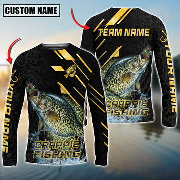 Joycorners Personalized Text Crappie Fishing Gold Black Pattern 3D Long Sleeve Shirt