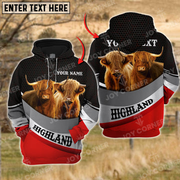 Joycorners Farm Highland Cattle Custom Name And Farm name Metal Pattern 3D Printed Hoodie