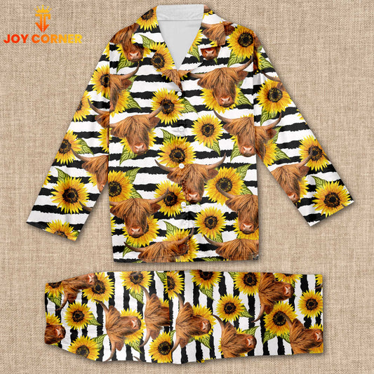 Joycorners Highland Cattle Sun Flower Pattern 3D Pajamas