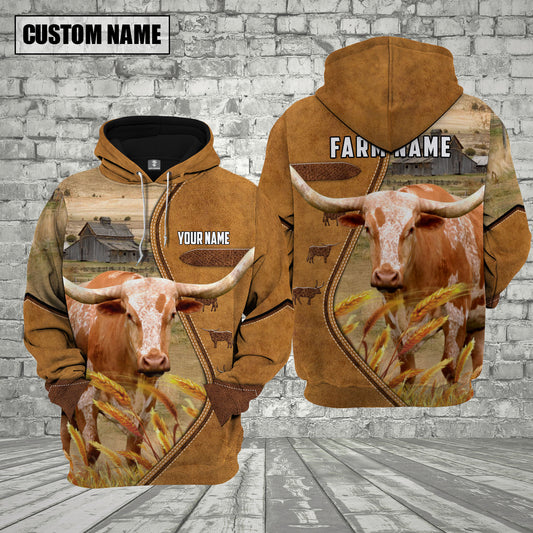 Joycorners Personalized Name And Farm Name Texas Longhorn Cattle 3D Hoodie