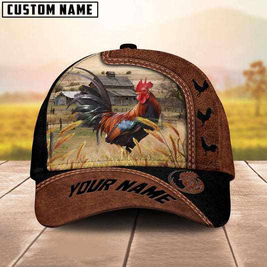 Joycorners Custom Name Rooster Brown Black Leather Pattern Cap