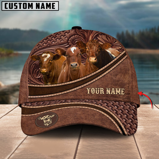 Joycorners Shorthorn Personalized Name Brown Carving Leather Pattern 3D Classic Cap