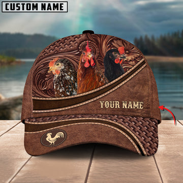 Joycorners Chicken Personalized Name Brown Carving Leather Pattern 3D Classic Cap